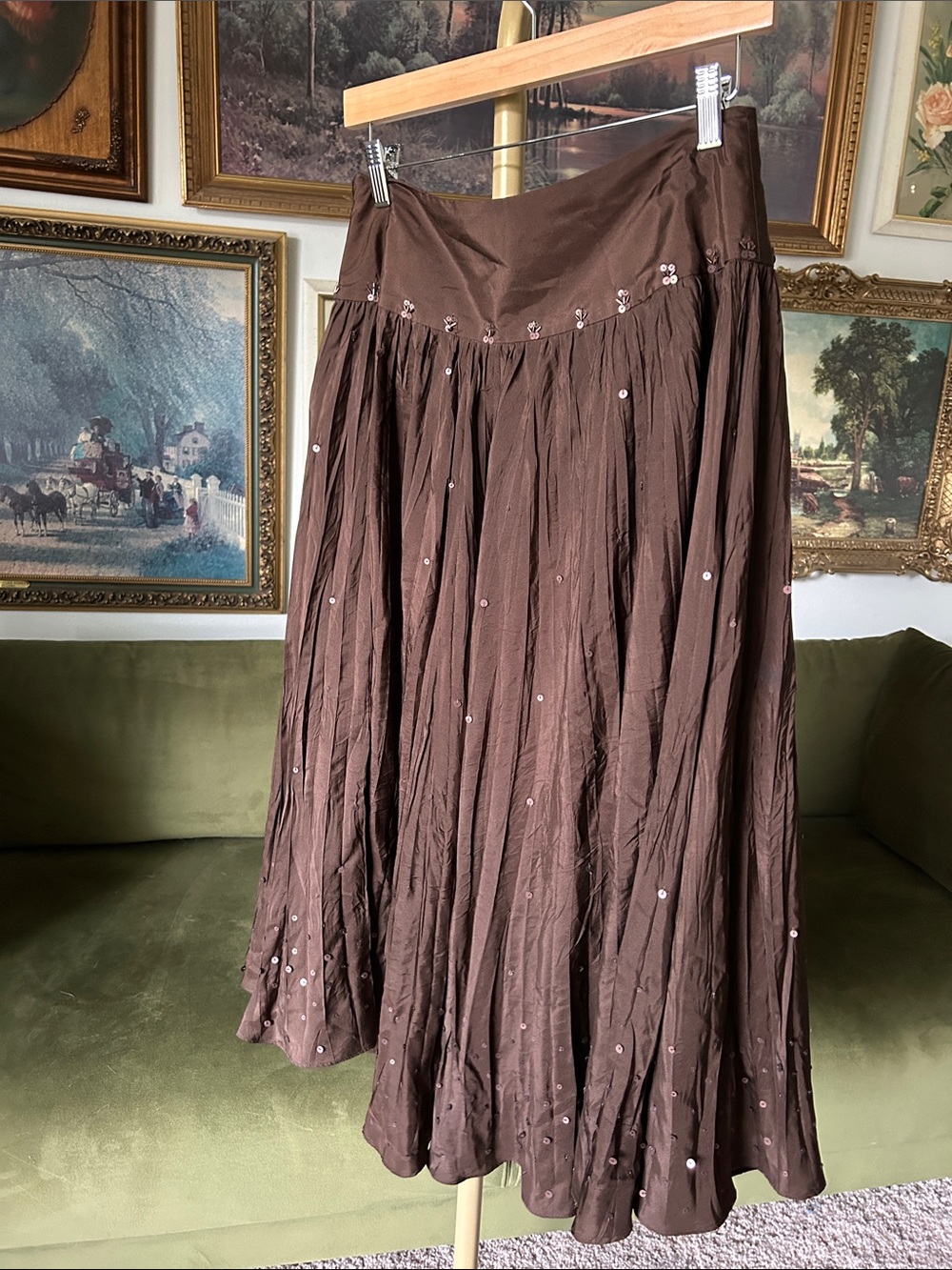 Vintage 100% Silk Laura Ashley Brown Skirt with Sequin Accents - Picture 5 of 5